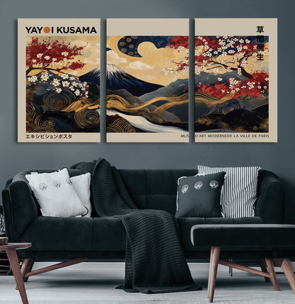54967195-MGV-CV-60X30-3P-Mount Fuji Wall Art – Japanese Cherry Blossom Abstract Canvas Print, Navy Gold Landscape Painting, Oriental Luxury Home Decor
