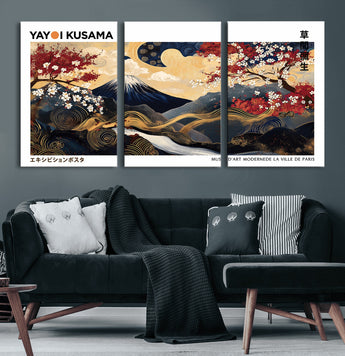 66243961-MGV-CV-36X24-Mount Fuji Japanese Wall Art – Golden Abstract Landscape Canvas Print, Cherry Blossom Painting, Modern Oriental Zen Home Decor