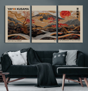 77970791-MGV-CV-60X30-3P-Mount Fuji Golden Abstract Wall Art – Japanese Landscape Canvas Poster, Cherry Blossom & Red Sun Painting, Elegant Zen Oriental