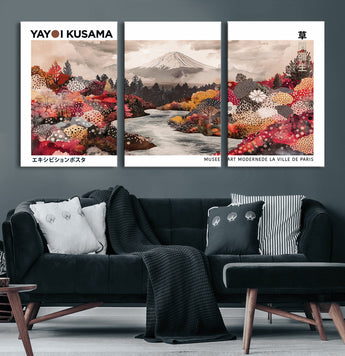 32352074-MGV-CV-60X30-3P-Japanese Landscape Wall Art – Mount Fuji River Canvas Print, Modern Asian Inspired Nature Decor for Living Room, Bedroom, Office