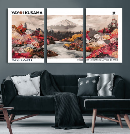 32352074-MGV-CV-60X30-3P-Japanese Landscape Wall Art – Mount Fuji River Canvas Print, Modern Asian Inspired Nature Decor for Living Room, Bedroom, Office