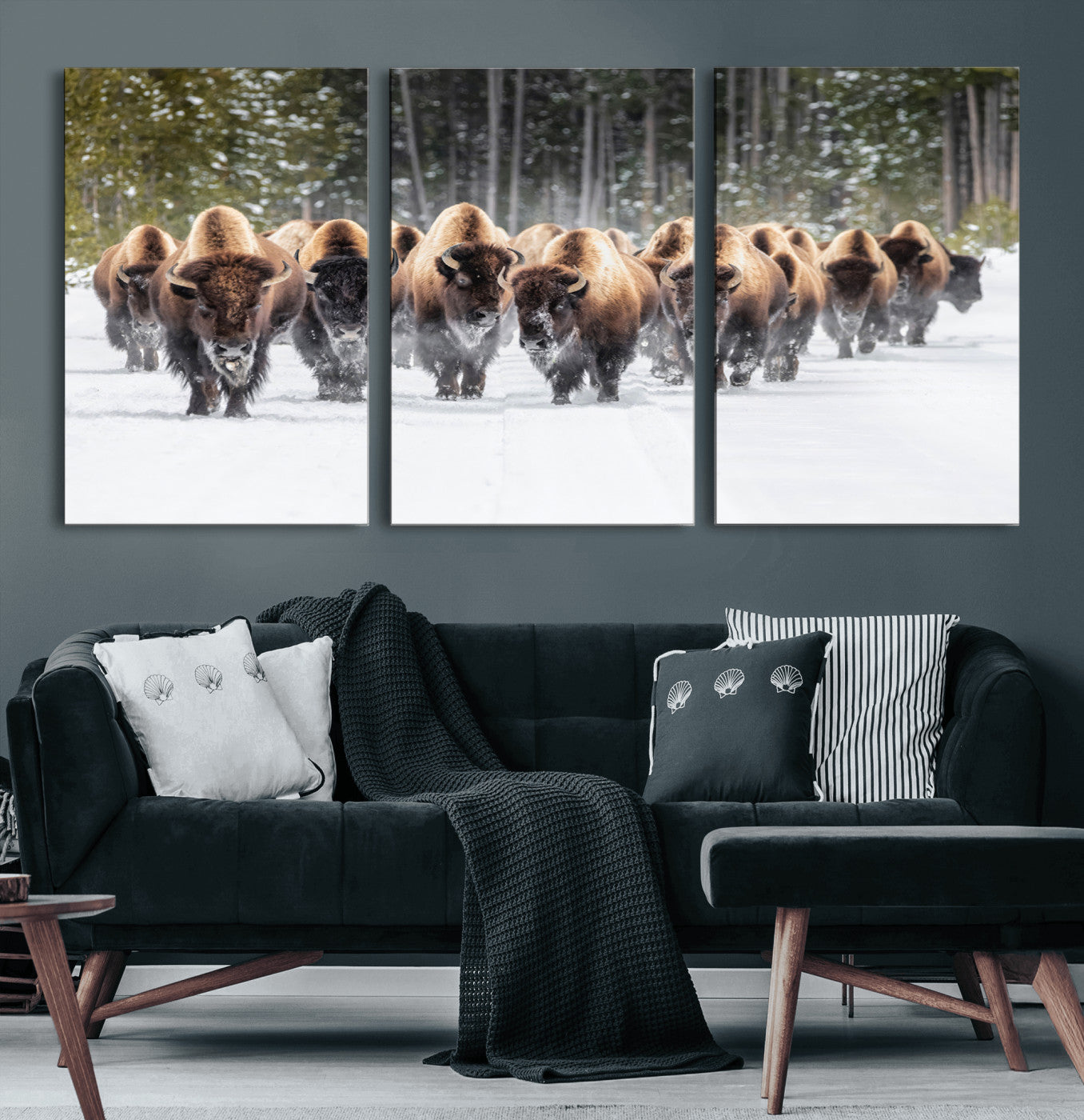 22695857-MGV-CV-36X24-Bison Herd Scene Wall Art Canvas Print, Framed Western Wildlife Art Picture Print, Rustic Animal Art Perfect Rustic Lodge Decor