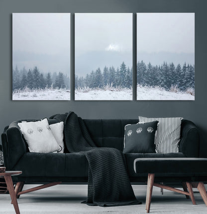 33033082-MGV-CV-60X30-3P-Winter Forest Art Wall Art Canvas Print, Framed Snowy Landscape Art Picture Print, Misty Tree Scene Perfect Nordic Minimalist