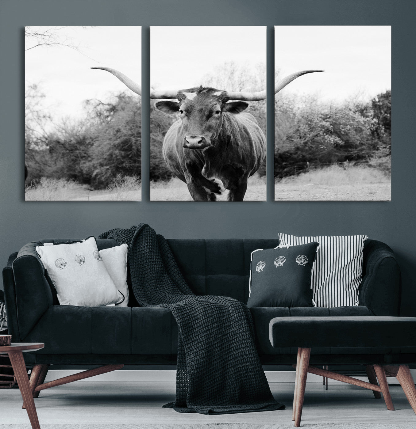 97280319-MGV-CV-36X24-Longhorn Photography Wall Art Canvas Print, Framed Western Cow Decor Art Picture Print, Texas Ranch Style Perfect Rustic Farmhouse