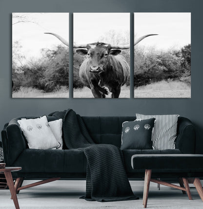 97280319-MGV-CV-36X24-Longhorn Photography Wall Art Canvas Print, Framed Western Cow Decor Art Picture Print, Texas Ranch Style Perfect Rustic Farmhouse