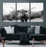 97280319-MGV-CV-60X30-3P-Longhorn Photography Wall Art Canvas Print, Framed Western Cow Decor Art Picture Print, Texas Ranch Style Perfect Rustic Farmhouse