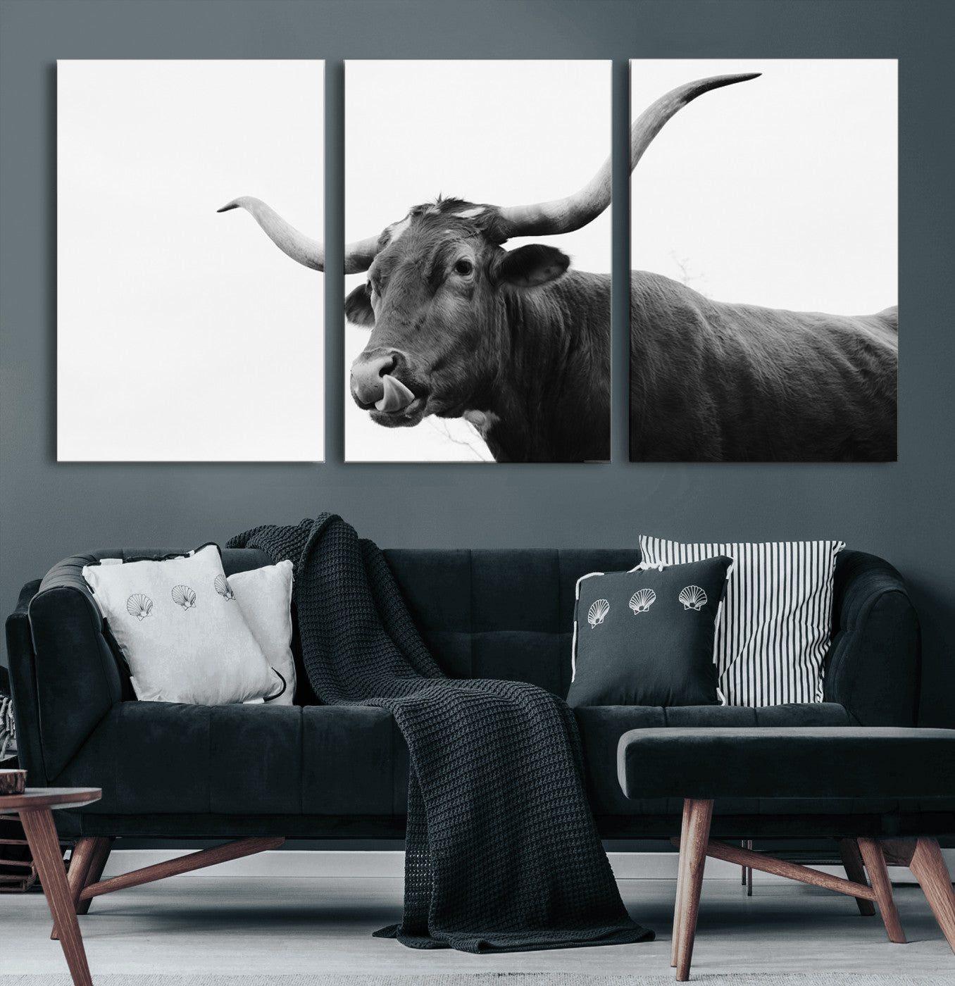 99244177-MGV-CV-60X30-3P-Longhorn Photography Wall Art Canvas Print, Framed Western Cow Decor Art Picture Print, Black White Bull Perfect Modern Rustic
