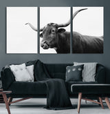 99244177-MGV-CV-60X30-3P-Longhorn Photography Wall Art Canvas Print, Framed Western Cow Decor Art Picture Print, Black White Bull Perfect Modern Rustic