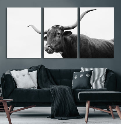 99244177-MGV-CV-60X30-3P-Longhorn Photography Wall Art Canvas Print, Framed Western Cow Decor Art Picture Print, Black White Bull Perfect Modern Rustic