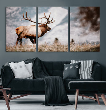 70489411-MGV-CV-60X30-3P-Elk Photography Wall Art Canvas Print, Framed Mountain Wildlife Art Picture Print, Rustic Nature Decor Perfect Rustic Lodge Decor