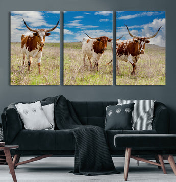 58099948-MGV-CV-60X30-3P-Texas Longhorn Wall Art Canvas Print, Framed Western Decor Art Picture Print, Rustic Farmhouse Perfect Western Farmhouse Decor