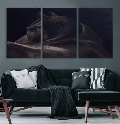 67026880-MGV-CV-36X24-Black Horse Portrait Wall Art Canvas Print, Framed Moody Horse Decor Art Picture Print, Equestrian Wall Style Perfect Masculine