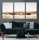 12454132-MGV-CV-60X30-3P-Cow Herd Photography Wall Art Canvas Print, Framed Rustic Farmhouse Decor Art Picture Print, Western Ranch Style Perfect Rustic