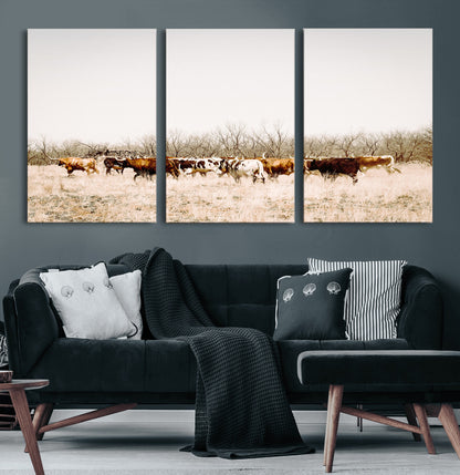 12454132-MGV-CV-60X30-3P-Cow Herd Photography Wall Art Canvas Print, Framed Rustic Farmhouse Decor Art Picture Print, Western Ranch Style Perfect Rustic