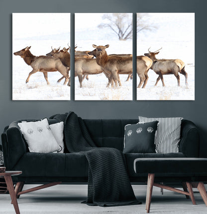 68738684-MGV-CV-36X24-Winter Elk Scene Wall Art Canvas Print, Framed Wildlife Photography Art Picture Print, Snowy Deer Decor Perfect Rustic Lodge Decor