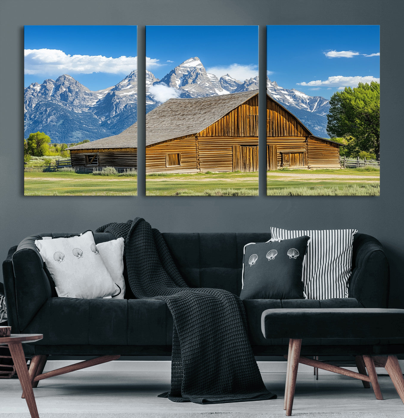 75948467-MGV-CV-36X24-Mountain Barn Scene Wall Art Canvas Print, Framed Rustic Farmhouse Style Art Picture Print, Country Cabin Decor Perfect Rustic