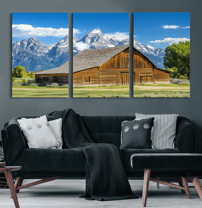 75948467-MGV-CV-36X24-Mountain Barn Scene Wall Art Canvas Print, Framed Rustic Farmhouse Style Art Picture Print, Country Cabin Decor Perfect Rustic