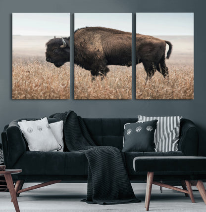 34451925-MGV-CV-36X24-Rustic Bison Decor Wall Art Canvas Print, Framed Buffalo Home Accent Art Picture Print, Prairie Wildlife Scene Perfect Western