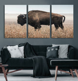 34451925-MGV-CV-60X30-3P-Rustic Bison Decor Wall Art Canvas Print, Framed Buffalo Home Accent Art Picture Print, Prairie Wildlife Scene Perfect Western