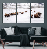 13891210-MGV-CV-60X30-3P-Bison Herd Scene Wall Art Canvas Print, Framed Western Wildlife Decor Art Picture Print, Snowy Mountain Valley Perfect Rustic