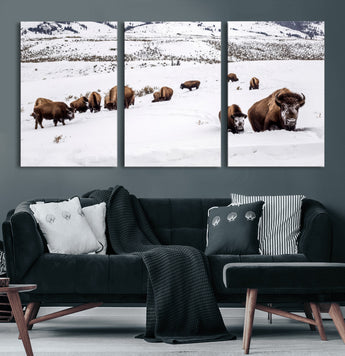 13891210-MGV-CV-60X30-3P-Bison Herd Scene Wall Art Canvas Print, Framed Western Wildlife Decor Art Picture Print, Snowy Mountain Valley Perfect Rustic