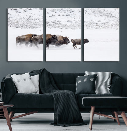 56216945-MGV-CV-60X30-3P-Bison Herd Decor Wall Art Canvas Print, Framed Snowy Bison Scene Art Picture Print, Winter Wildlife Theme Perfect Rustic Western