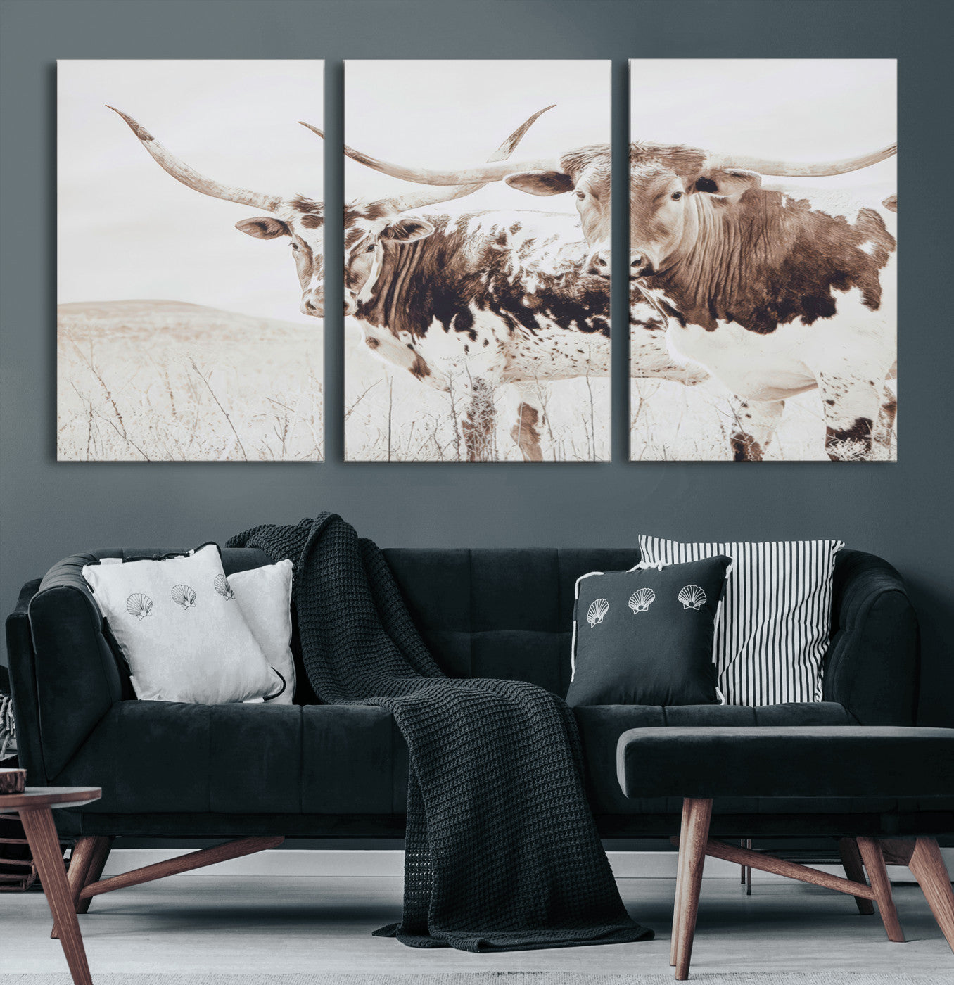 48161868-MGV-CV-36X24-Longhorn Cow Decor Wall Art Canvas Print, Framed Rustic Cattle Art Picture Print, Sepia Western Vibe Perfect Neutral Rustic