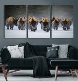 41669135-MGV-CV-60X30-3P-Bison Herd Scene Wall Art Canvas Print, Framed Rustic Wildlife Decor Art Picture Print, Snowy Bison Landscape Perfect Rustic