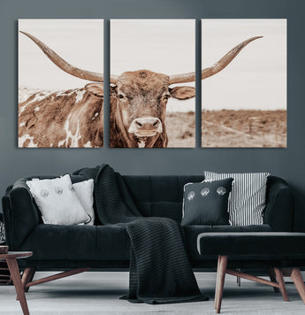 77810049-MGV-CV-36X24-Longhorn Bull Photo Wall Art Canvas Print, Framed Rustic Cow Decor Art Picture Print, Neutral Farmhouse Style Perfect Rustic