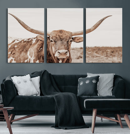 77810049-MGV-CV-36X24-Longhorn Bull Photo Wall Art Canvas Print, Framed Rustic Cow Decor Art Picture Print, Neutral Farmhouse Style Perfect Rustic