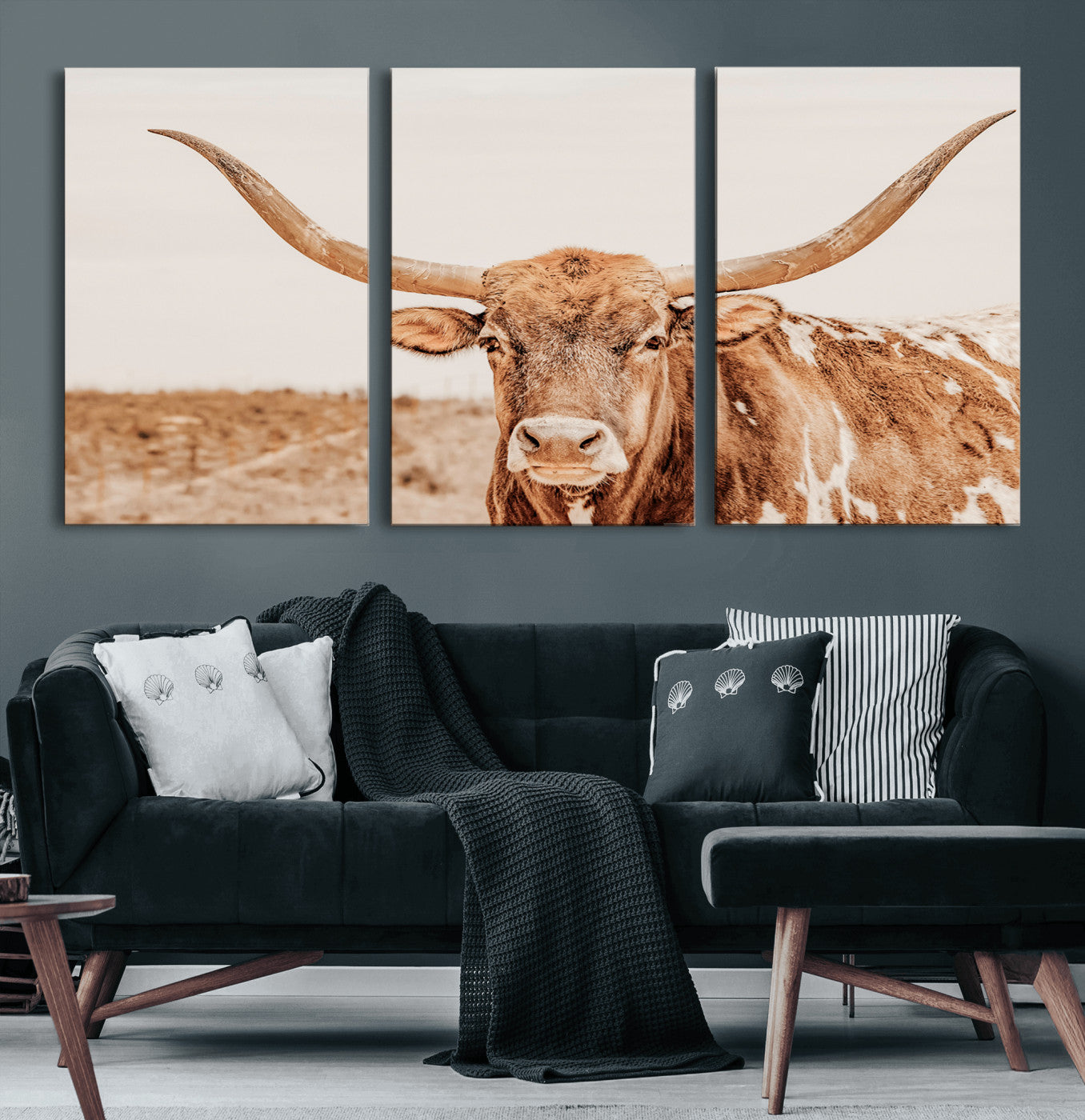 74406977-MGV-CV-36X24-Longhorn Bull Decor Wall Art Canvas Print, Framed Western Cow Theme Art Picture Print, Rustic Farmhouse Wall Perfect Neutral
