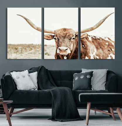 98924580-MGV-CV-36X24-Texas Longhorn Bull Wall Art Canvas Print, Framed Rustic Farmhouse Decor Art Picture Print, Western Animal Theme Perfect Rustic
