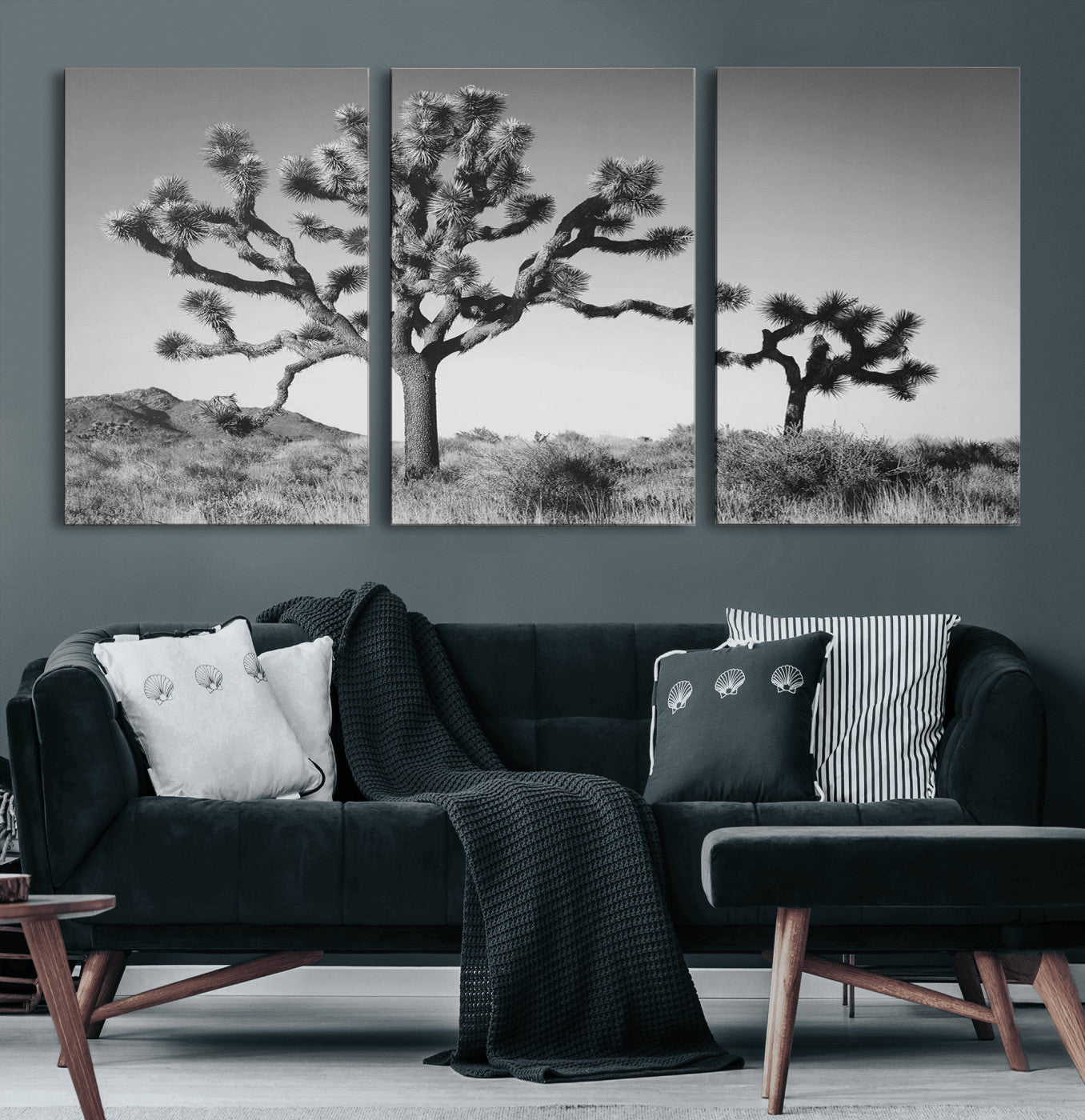 93692513-MGV-CV-60X30-3P-Joshua Tree Wall Art Canvas Print, Framed Monochrome Desert Art Picture Print, Minimalist Nature Scene Perfect Southwestern