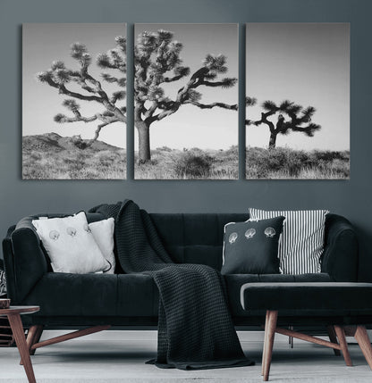 93692513-MGV-CV-60X30-3P-Joshua Tree Wall Art Canvas Print, Framed Monochrome Desert Art Picture Print, Minimalist Nature Scene Perfect Southwestern