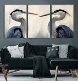 18230556-MGV-CV-60X30-3P-Blue Heron Pair Wall Art Canvas Print, Framed Coastal Bird Theme Art Picture Print, Tranquil Wildlife Scene Perfect Coastal