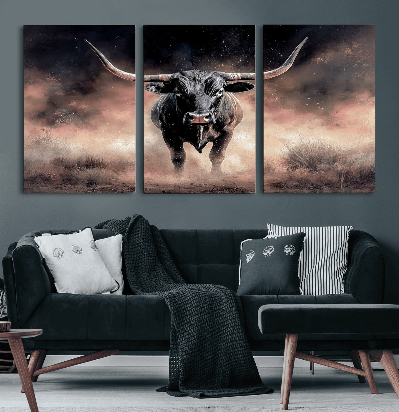 71457818-MGV-CV-60X30-3P-Longhorn Wall Art Wall Art Canvas Print, Framed Western Bull Canvas Art Picture Print, Rustic Cow Decor Perfect Western Dramatic