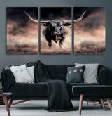 71457818-MGV-CV-60X30-3P-Longhorn Wall Art Wall Art Canvas Print, Framed Western Bull Canvas Art Picture Print, Rustic Cow Decor Perfect Western Dramatic