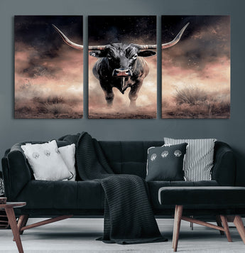 71457818-MGV-CV-60X30-3P-Longhorn Wall Art Wall Art Canvas Print, Framed Western Bull Canvas Art Picture Print, Rustic Cow Decor Perfect Western Dramatic