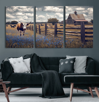 22296025-MGV-CV-60X30-3P-Texas Longhorn Canvas Wall Art Canvas Print, Framed Rustic Barn Wall Art Art Picture Print, Farmhouse Cow Decor Perfect Rustic