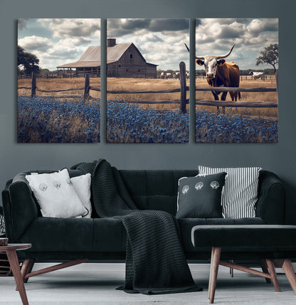 51092814-MGV-CV-36X24-Texas Longhorn Wall Art Wall Art Canvas Print, Framed Rustic Barn Canvas Art Picture Print, Farmhouse Cow Decor Perfect Rustic