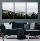 55968349-MGV-CV-60X30-3P-Misty Mountains Wall Art Canvas Print, Framed Foggy Forest Art Picture Print, Snowy Peaks Perfect Moody Wilderness Decor Artwork