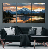 14130176-MGV-CV-60X30-3P-Mountain Sunset Wall Art Canvas Print, Framed Alpine Wilderness Art Picture Print, Golden Hour Perfect Rustic Wilderness Decor