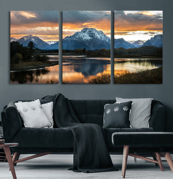 14130176-MGV-CV-60X30-3P-Mountain Sunset Wall Art Canvas Print, Framed Alpine Wilderness Art Picture Print, Golden Hour Perfect Rustic Wilderness Decor