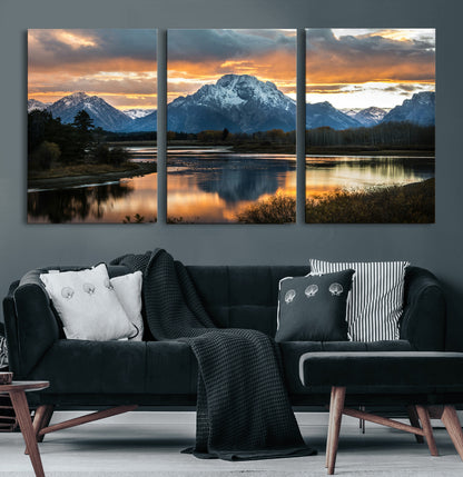14130176-MGV-CV-60X30-3P-Mountain Sunset Wall Art Canvas Print, Framed Alpine Wilderness Art Picture Print, Golden Hour Perfect Rustic Wilderness Decor
