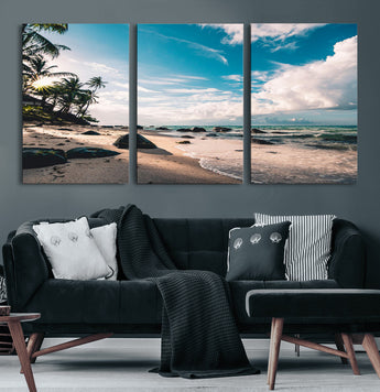95301406-MGV-CV-60X30-3P-Tropical Beach Wall Art Canvas Print, Framed Ocean Waves Art Picture Print, Relazxing Seascape Perfect Tropical Coastal Decor