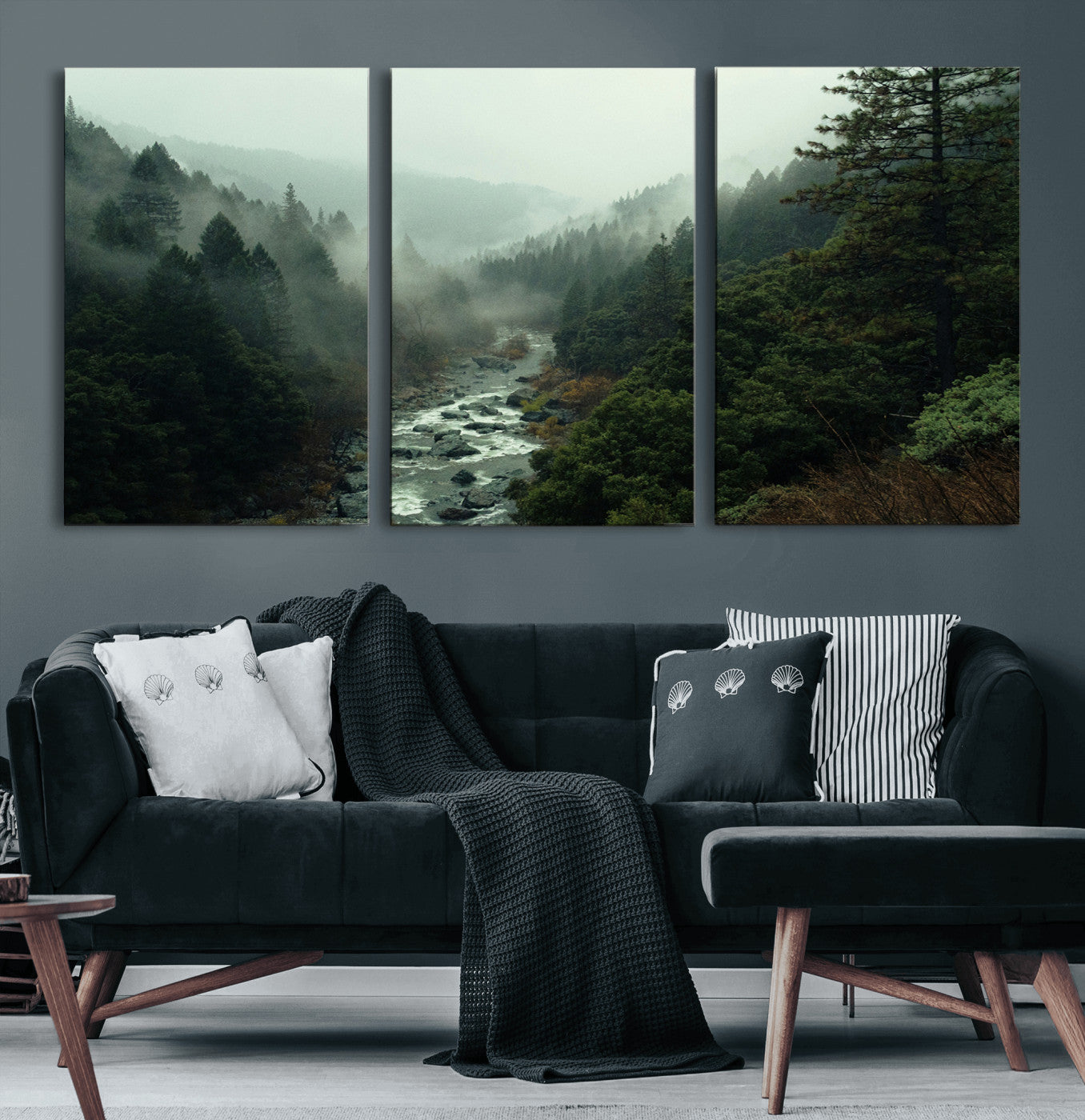 48497565-MGV-CV-60X30-3P-Misty Forest Wall Art Canvas Print, Framed Foggy River Art Picture Print, Moody Landscape Perfect Moody Wilderness Decor Artwork
