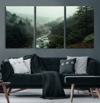 48497565-MGV-CV-60X30-3P-Misty Forest Wall Art Canvas Print, Framed Foggy River Art Picture Print, Moody Landscape Perfect Moody Wilderness Decor Artwork