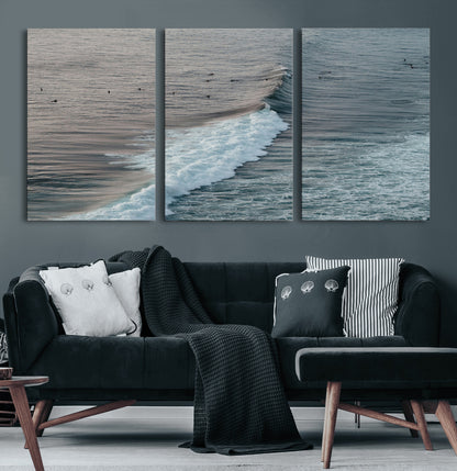 23077324-MGV-CV-60X30-3P-Ocean Waves Wall Art Canvas Print, Framed Coastal Serenity Art Picture Print, Surf Aesthetic Perfect Modern Coastal Decor Artwork