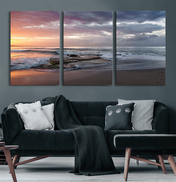 94208089-MGV-CV-60X30-3P-Golden Hour Wall Art Canvas Print, Framed Tranquil Waves Art Picture Print, Beach Horizon Perfect Coastal Serenity Decor Artwork