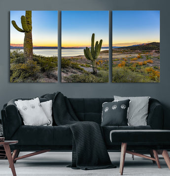 52844711-MGV-CV-60X30-3P-Saguaro Cactus Wall Art Canvas Print, Framed Desert Sunset Art Picture Print, Southwestern Scene Perfect Southwestern Rustic Decor